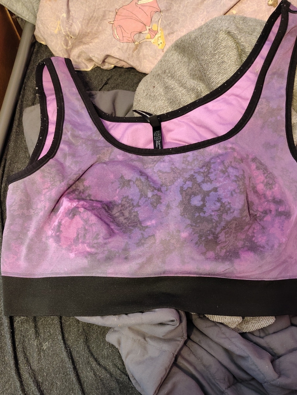 Tie-Dye Purple Seamless Sports Bra with Black Trim